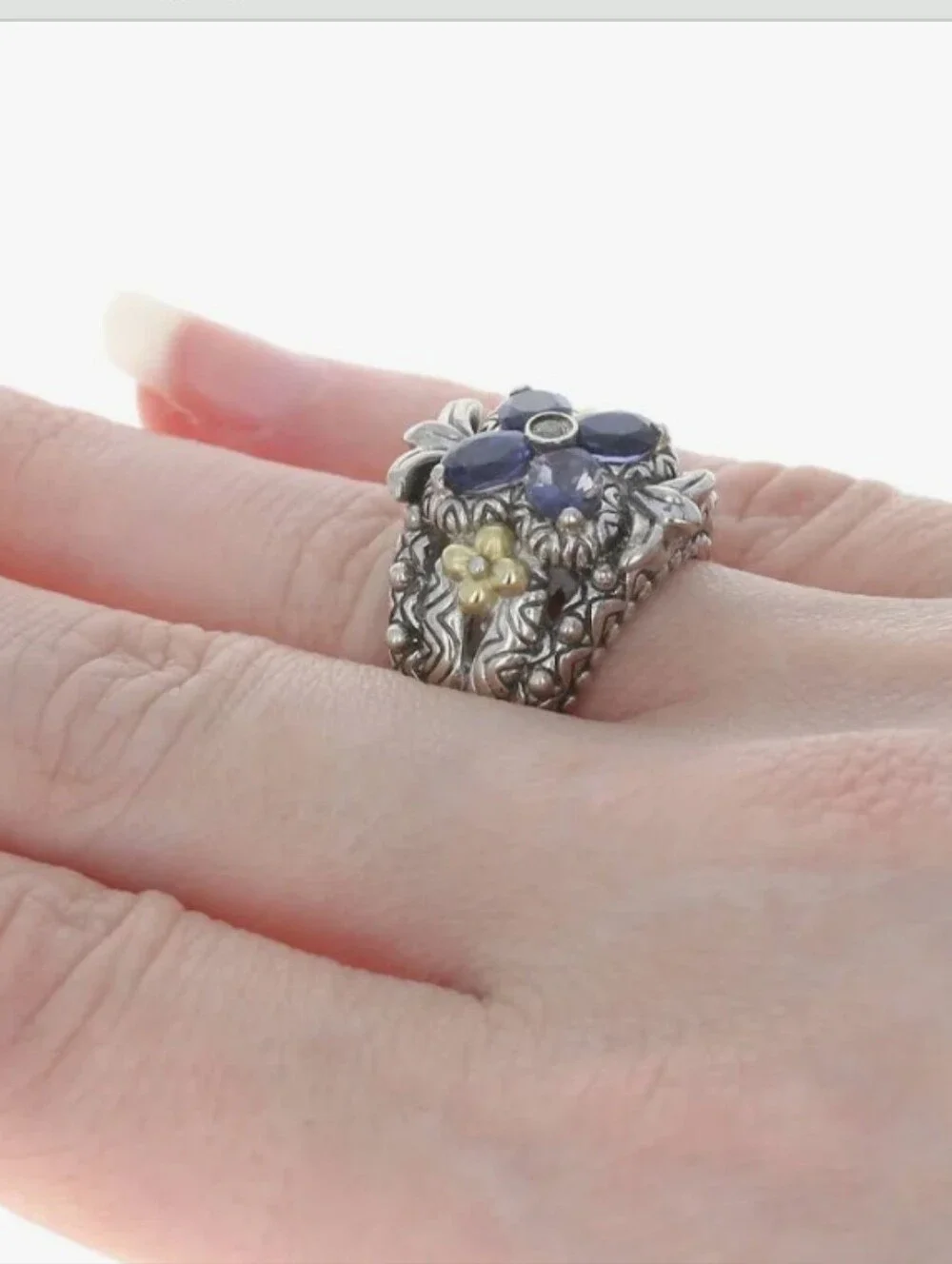 Barbara Bixby Sz 10 Sterling Silver Floral Iolite Ring with 18k Gold Accents